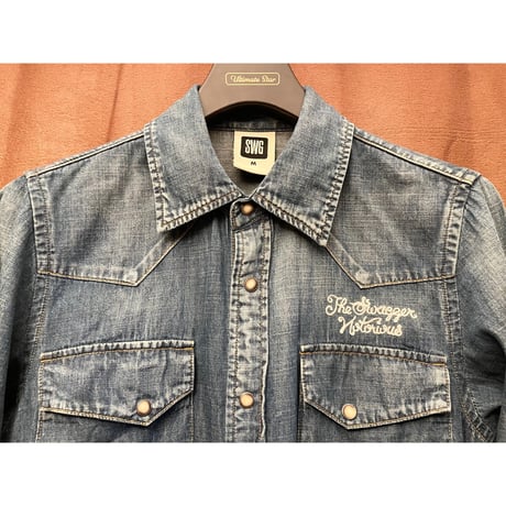 MADE IN JAPAN製 SWAGGER バック刺繍長袖デニムウエスタンシャツ インディゴ Mサイズ