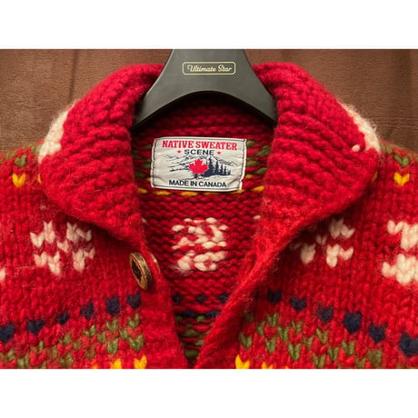 MADE IN CANADA製 NATIVE SWEATER SCENE カウチンセーター レッド 42サイズ