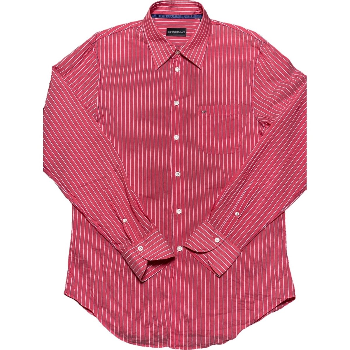 EMPORIO ARMANI コットンシルク長袖ストライプシャツ レッド L