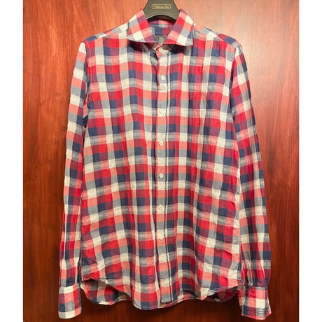 MADE IN ITALY製 eleventy FIRSTCLASS ブロックチェック柄 長袖リネンコットンシャツ マルチカラー 42-16 1/2サイズ