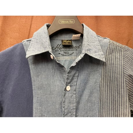 希少 MADE IN USA製 80's Prentiss 異素材切り替え長袖ダンガリーシャツ ライトインディゴ×ネイビー Mサイズ