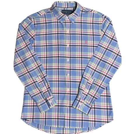 ▲訳あり商品▲ Ralph Lauren 長袖ボタンダウンチェックシャツ スカイブルー×マルチカラー Lサイズ