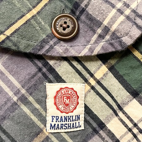 MADE IN ITALY製 FRANKLIN MARSHALL CLASSIC FIT スウェットフード付き チェック柄 長袖シャツ グリーン Lサイズ