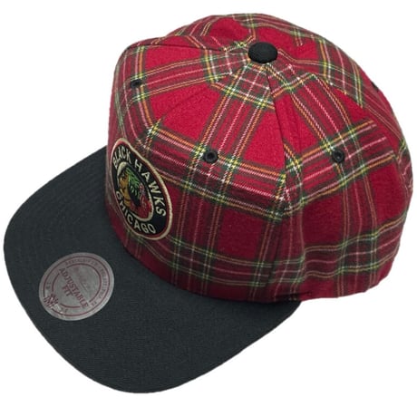 mitchell & ness NHL CHICAGO BLACK HAWKS VINTAGE チェック柄生地スナップバックキャップ 赤チェック Fサイズ