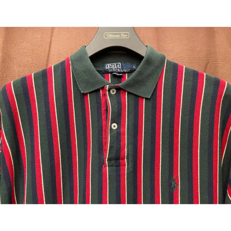 希少 MADE IN USA製 Polo by Ralph Lauren ストライプ柄半袖鹿の子ポロシャツ マルチカラー Lサイズ