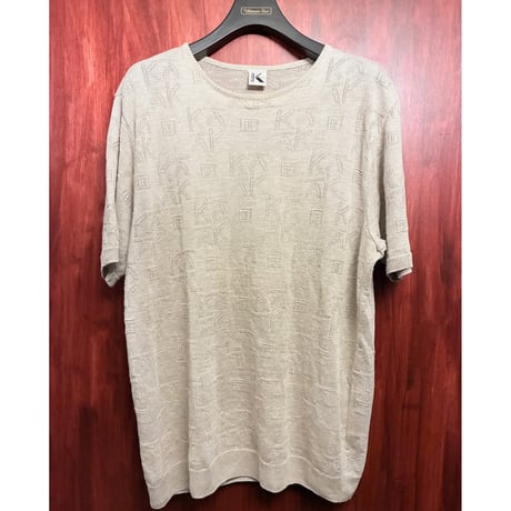 MADE IN JAPAN製 K OF KRIZIA 総柄 リネン100% 半袖ニットカットソー ベージュ 50サイズ