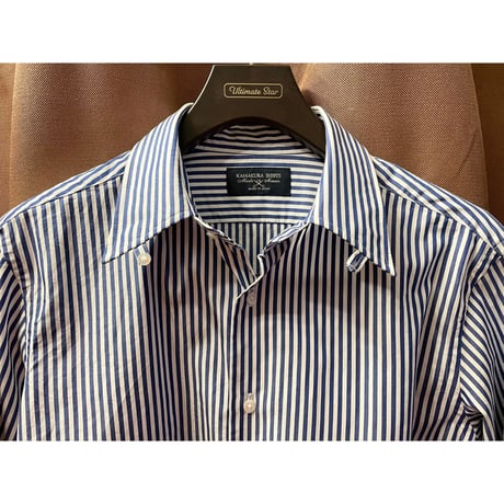 MADE IN JAPAN製 KAMAKURA SHIRTS 長袖ストライプタブカラーシャツ ホワイト×ネイビー