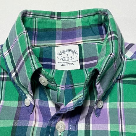 BROOKS BROTHERS チェック柄半袖ボタンダウンシャツ グリーン×パープル Ｓサイズ