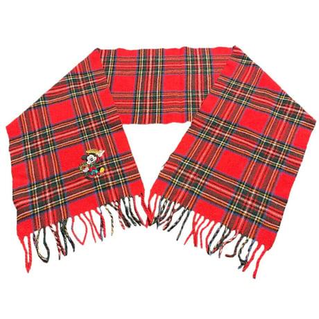▲訳あり商品▲ MADE IN ITALY製 WALT DiSNEY ISIDE S.P.A. EUROPE ミッキーマウス刺繍タータンチェック柄ウールカシミヤマフラー レッド