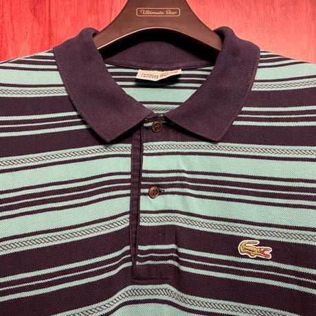 希少 MADE IN FRANCE製 80s CHEMISE LACOSTE ボーダー柄 半袖鹿の子ポロシャツ ターコイズグリーン×ネイビー 5サイズ