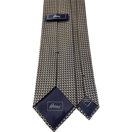 MADE IN ITALY製 Brioni HANDMADE ジャガード織り総柄シルクネクタイ ネイビー×イエロー