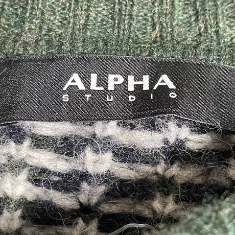 MADE IN ITALY製 ALPHA STUDIO アシンメトリー切り替えクルーネックセーター グレー×ダークグリーン 46サイズ