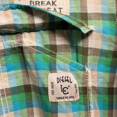 DIESEL チェック柄 半袖リネンコットンシャツ グリーン Mサイズ