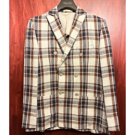 MADE IN ITALY製 Mr.Rick Tailor チェック柄 リネン100％ ダブルテーラードジャケット マルチカラー 44サイズ