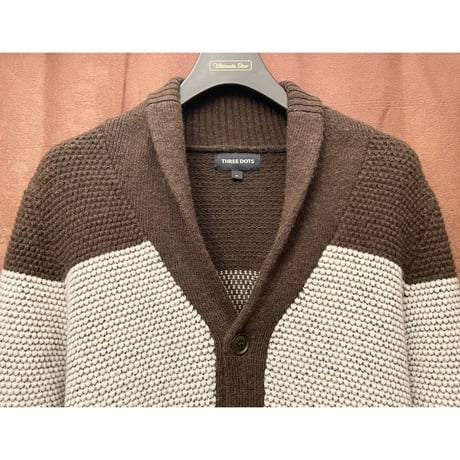 THREE DOTS アルパカ混ショールカラーニットカーディガン ブラウン×ホワイト Mサイズ
