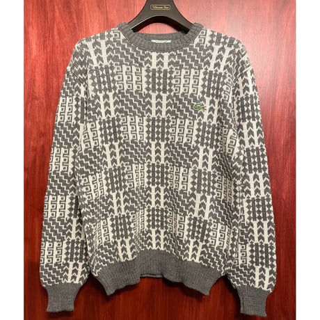 レア品 MADE IN FRANCE製 70～80s CHEMISE LACOSTE 総柄ウールアクリルセーター グレー×ホワイト 3サイズ