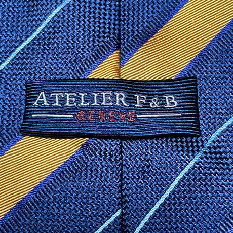 MADE IN FRANCE製 ATELIER F&B GENEVE レジメンタルストライプ柄シルクネクタイ ネイビー×ゴールド