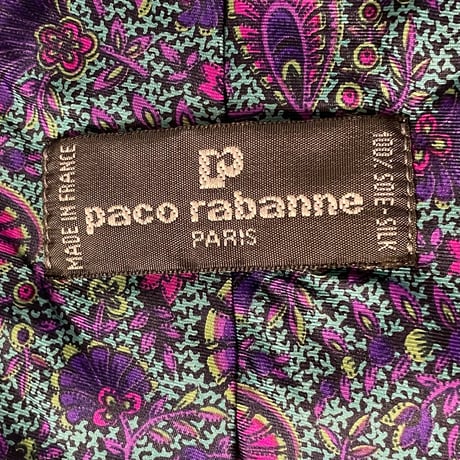 MADE IN FRANCE製 Paco Rabanne 総柄シルクネクタイ グリーン×パープル