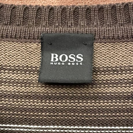 HUGO BOSS Vネックコットンセーター ブラウン×ホワイト Sサイズ
