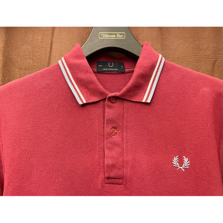 MADE IN ENGLAND製 FRED PERRY 襟ライン半袖鹿の子ポロシャツ ワイン 38サイズ