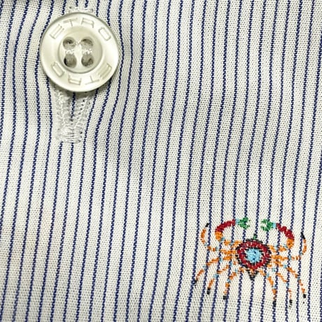MADE IN ITALY製 ETRO 甲殻類刺繍入り長袖ストライプシャツ ブルー 39サイズ