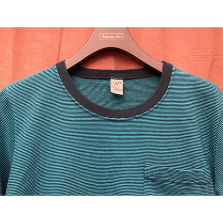 MADE IN USA製 Cal Cru ポケット付きクルーネックボーダーTシャツ グリーン×ネイビー Sサイズ