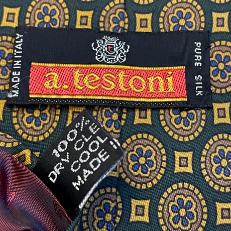 MADE IN ITALY製 a.testoni 総柄シルクネクタイ ダークグリーン×キャメル