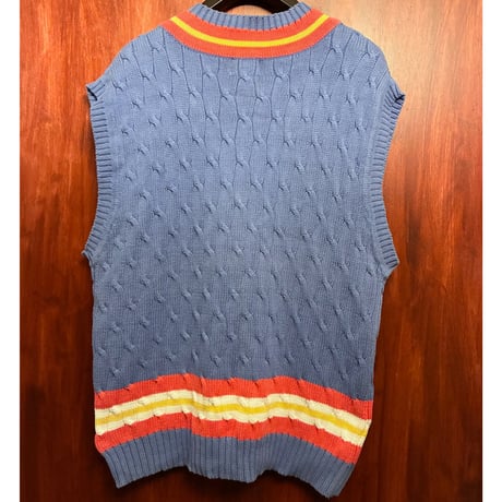 MADE IN HONG KONG製 80s davison's of BERMUDA Vネック ケーブルニット コットンベスト パープル XLサイズ
