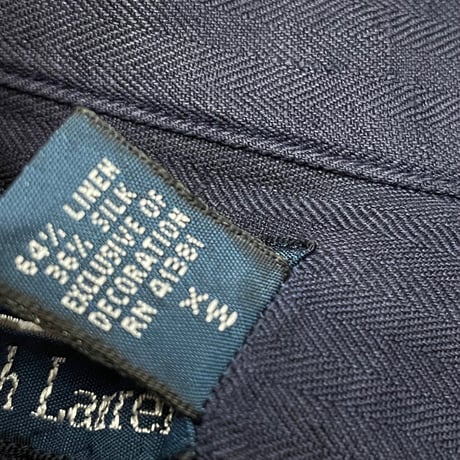 希少 Polo by Ralph Lauren シャドーヘリンボーン柄リネンシルク開襟シャツ ネイビー XLサイズ