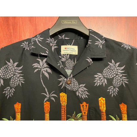 MADE IN HAWAII製 ROYAL Hawaiian Creations ウクレレ柄 コットンアロハシャツ ブラック Mサイズ