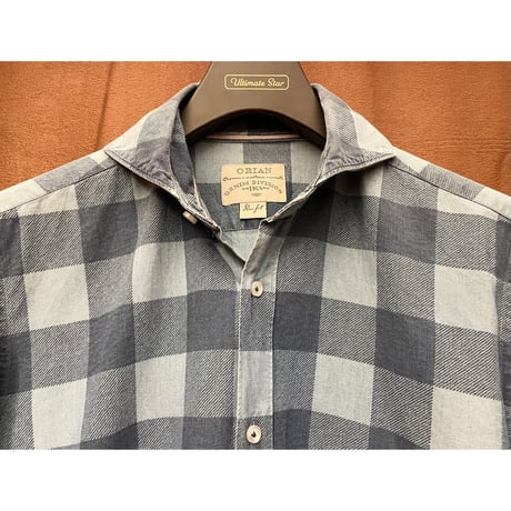 MADE IN ITALY製 ORIAN DENIM DIVISION ブロックチェック柄 長袖デニムシャツ ネイビー×ブルー Sサイズ
