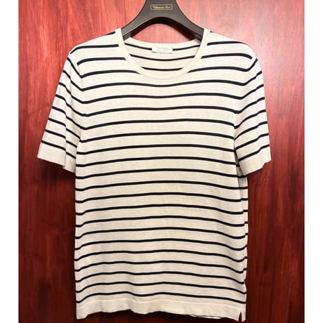 MADE IN ITALY製 Gran Sasso FRESH COTTON ボーダー柄 半袖ニットTシャツ アイボリー×ネイビー 46サイズ