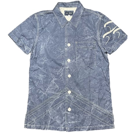 MADE IN ITALY製 ARMANI JEANS 半袖コットンリネンシャツ ライトインディゴ Lサイズ
