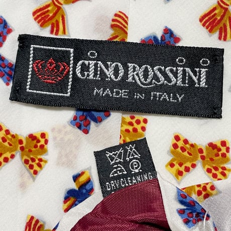 MADE IN ITALY製 GINO ROSSINI リボン柄シルクネクタイ ホワイト