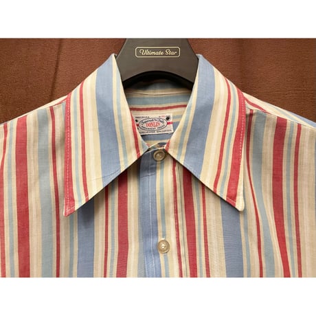 希少 MADE IN USA製 60s～70s PERMANENT PRESSタグ DONLIN 半袖ストライプ柄シャツ マルチカラー Mサイズ