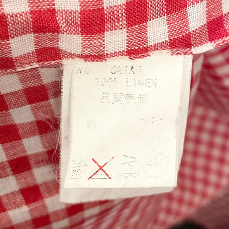MADE IN ITALY製 ORIAN Slim Fit 長袖ギンガムチェック柄ボタンダウンリネンシャツ レッド Mサイズ