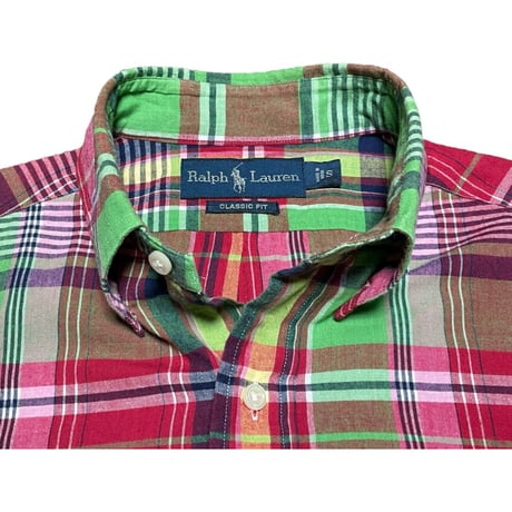 Ralph Lauren CLASSIC FIT チェック柄半袖ボタンダウンシャツ グリーン×レッド Sサイズ