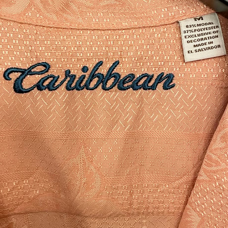 Caribbean ハイビスカス柄 モダール混アロハシャツ オレンジ Mサイズ