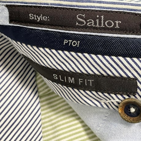 MADE IN ROMANIA製 PT01 Sailor ヒッコリーストライプ柄コットンスラックス ブルー×ホワイト 46サイズ
