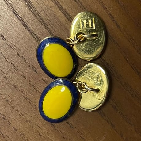 ブローチ型チェーン式ゴールドカフスボタン イエロー×ブルー