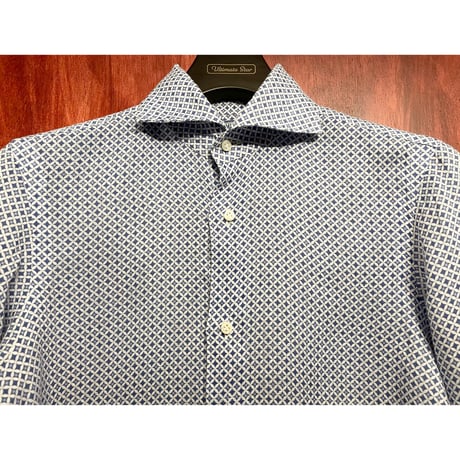 HAND MADE IN ITALY製 CAMICERIA VINCENZO DI RUGGIERO ハンドメイド 総柄 長袖リネンシャツ ホワイト×ブルー Sサイズ