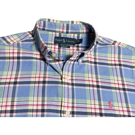 ▲訳あり商品▲ Ralph Lauren 長袖ボタンダウンチェックシャツ スカイブルー×マルチカラー Lサイズ