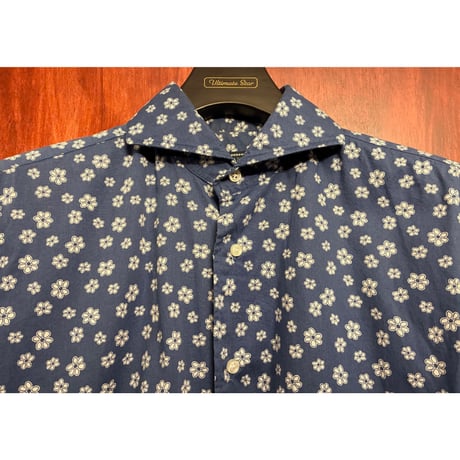 MADE IN ITALY製 ORIAN Vintage Slim Fit 花柄 長袖シャツ ネイビー Sサイズ