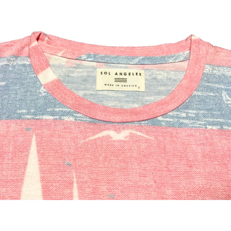 MADE IN USA製 SOL ANGELES ヨット柄昇華プリント半袖Tシャツ ピンク×スカイブルー Sサイズ