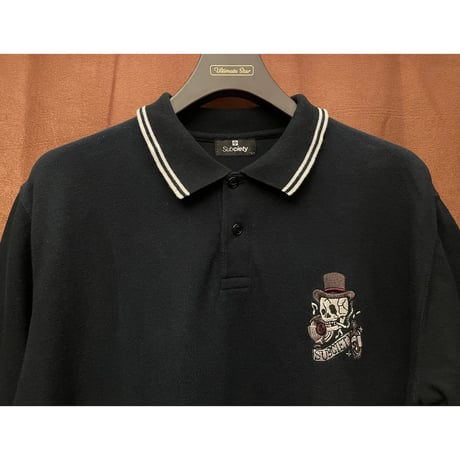 MADE IN JAPAN製 Subciety バック刺繍半袖鹿の子ポロシャツ ブラック Lサイズ