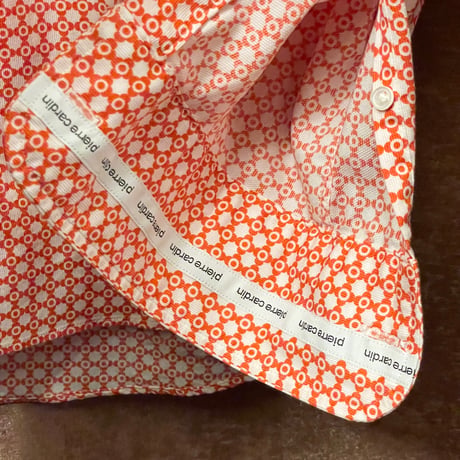 MADE IN JAPAN製 pierre cardin 長袖総柄ボタンダウンシャツ ホワイト×オレンジ Lサイズ