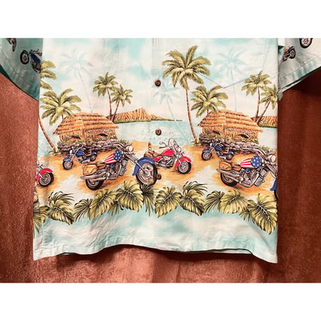 MADE IN HAWAII製 KY'S バイク柄アロハシャツ スカイブルー Mサイズ