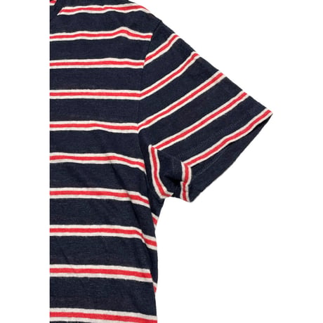 【UNITED ARROWS 取り扱い】 MADE IN PORTUGAL製 Harmony ボーダー柄半袖リネンTシャツ ネイビー×レッド Mサイズ