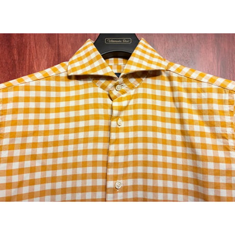 MADE IN ITALY製 DANOLIS per BEAMS F SLIM FIT ギンガムチェック柄 長袖シャツ オレンジ×ホワイト XSサイズ