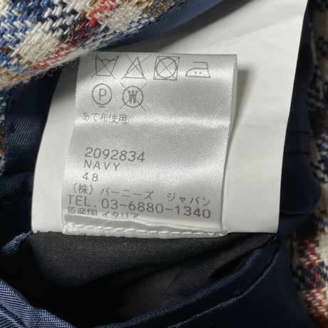 【BARNEYS NEWYORK 取り扱い】 MADE IN ITALY製 PARTHENOPE NAPOLI ウールシルクリネン混紡 チェック柄テーラードジャケット マルチカラー 48サイズ